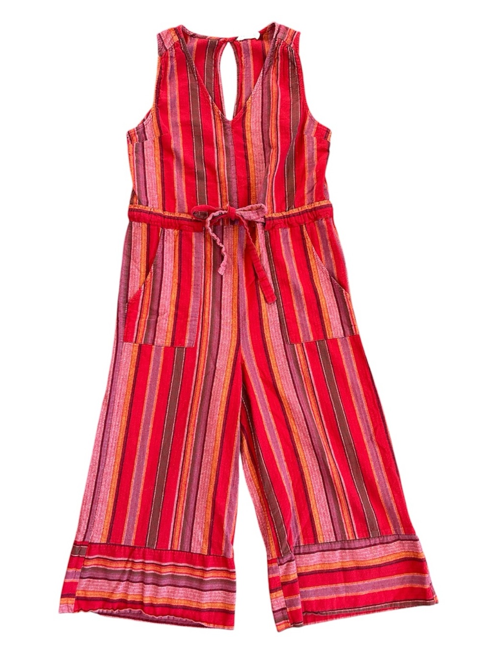 Lush | Women’s Red Pink Orange Striped Wide-Leg Cropped Vneck Jumpsuit Size M